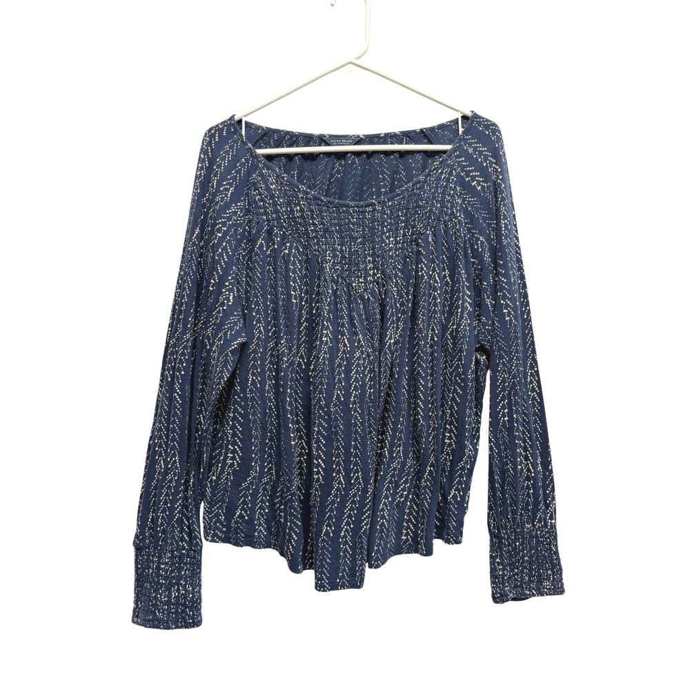 Lucky Brand Smocked Boho Blue White Cotton Modal Long Sleeve Top - XL